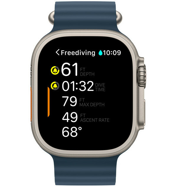 Smartwatch Apple Watch Ultra 2 grafika przedstawiająca aplikację Oceanic+ na smartwatchu