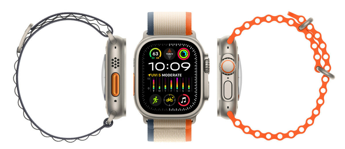 Smartwatch Apple Watch Ultra 2 trzy widoki na smartwatch w różnych opaskach