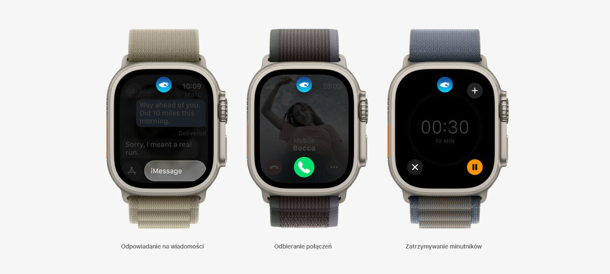 Smartwatch Apple Watch Ultra 2 grafika przedstawiająca trzy smartwatche z ukazanymi możliwościami gestów