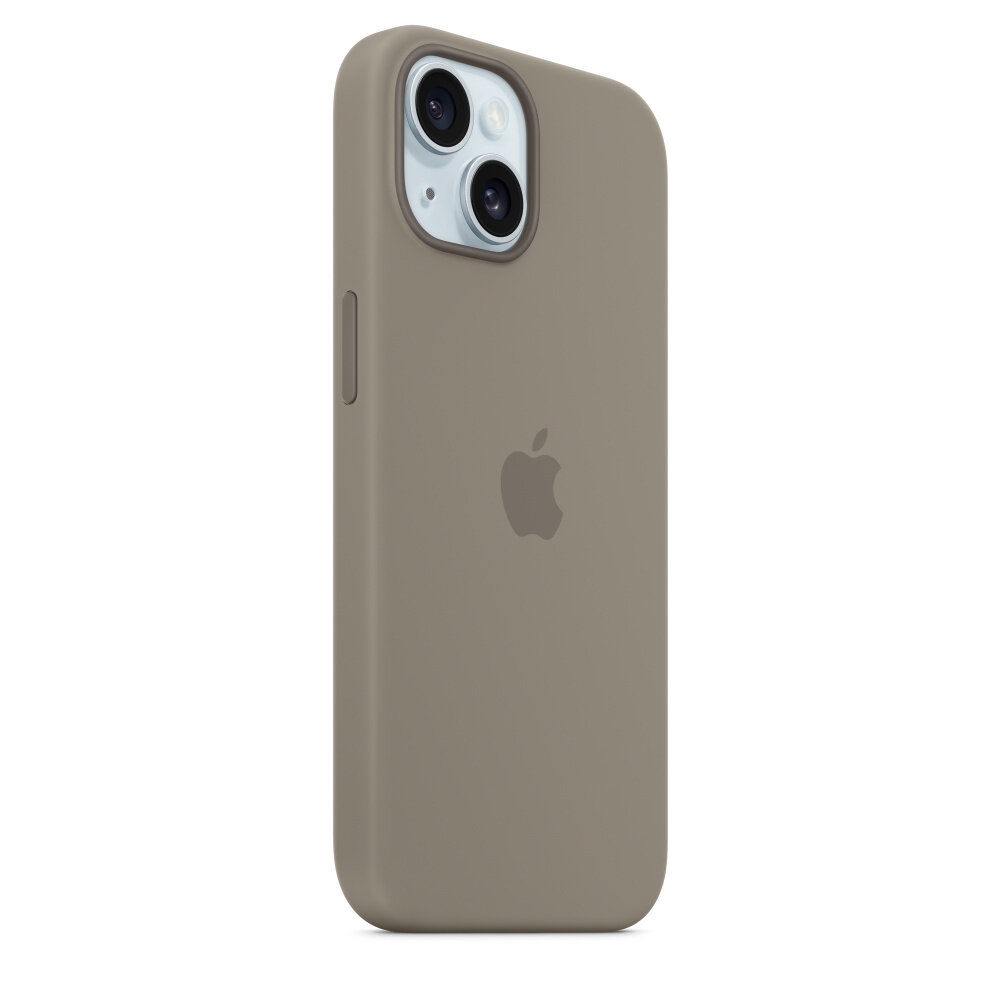 Etui Apple silikonowe z MagSafe do iPhone 15 widok na smartfon w etui po skosie