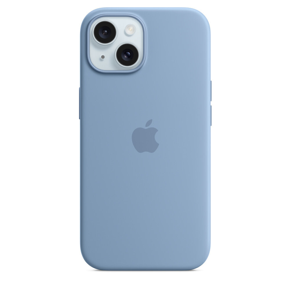 Etui Apple silikonowe z MagSafe do iPhone 15 widok na smartfon od frontu w etui