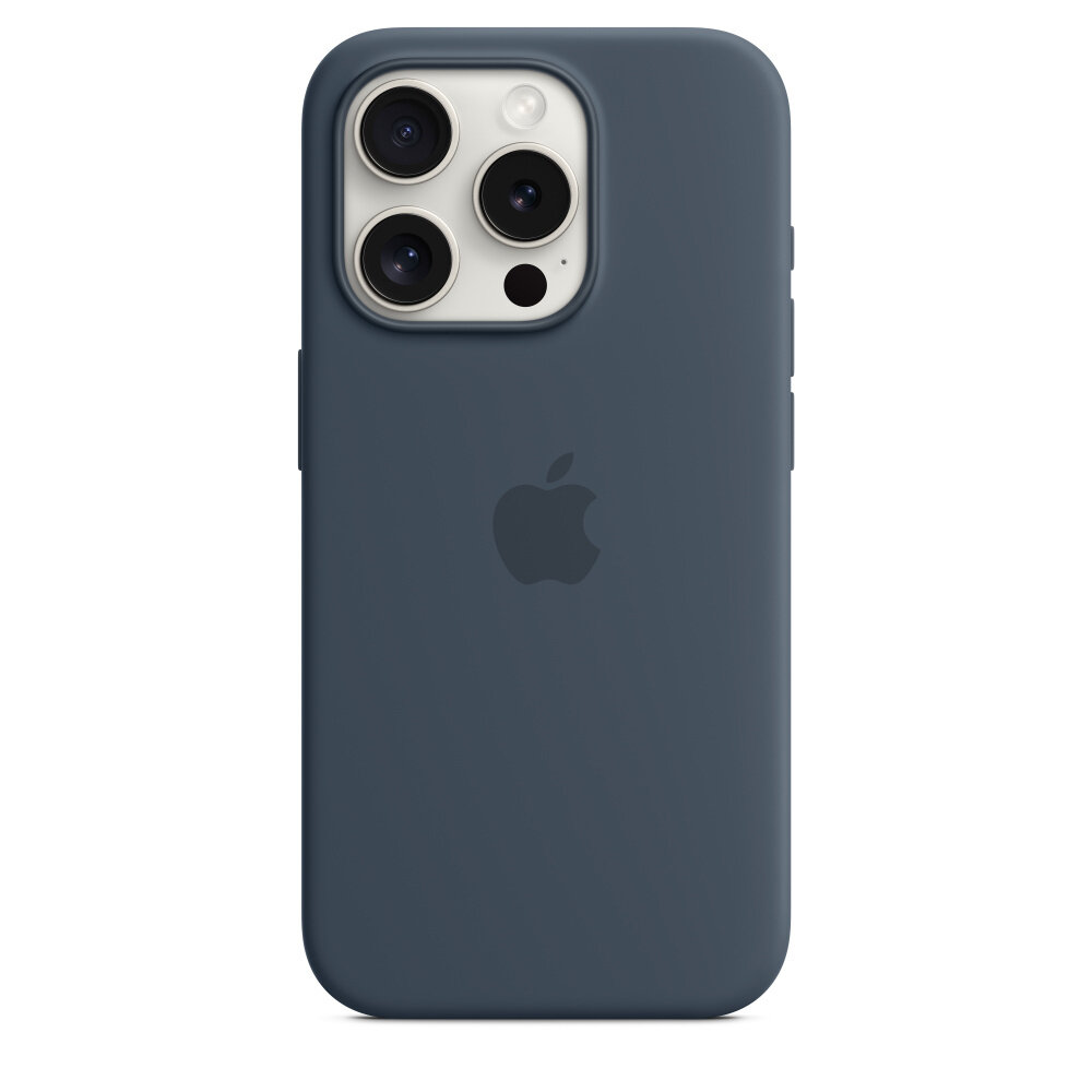 Etui Apple silikonowe z MagSafe do iPhone 15 Pro widok na smartfon w etui od frontu