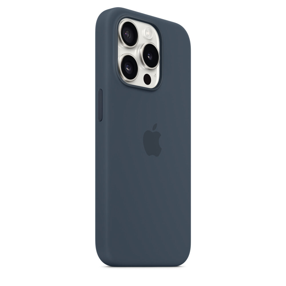 Etui Apple silikonowe z MagSafe do iPhone 15 Pro widok na smartfon w etui po skosie