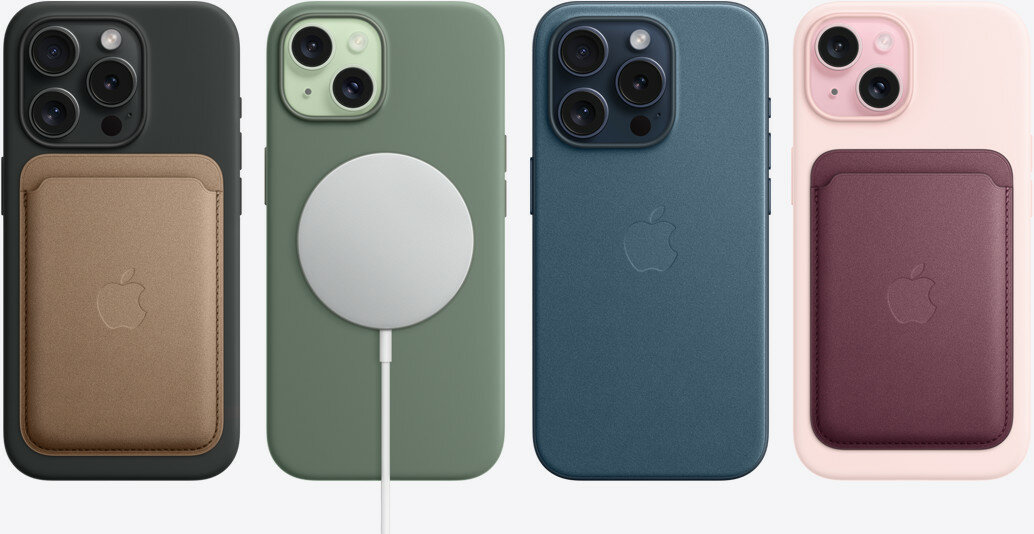 Etui Apple Silicone Case na iPhone 15 Pro MagSafe jasnoróżowe różne etui pokazane na telefonach