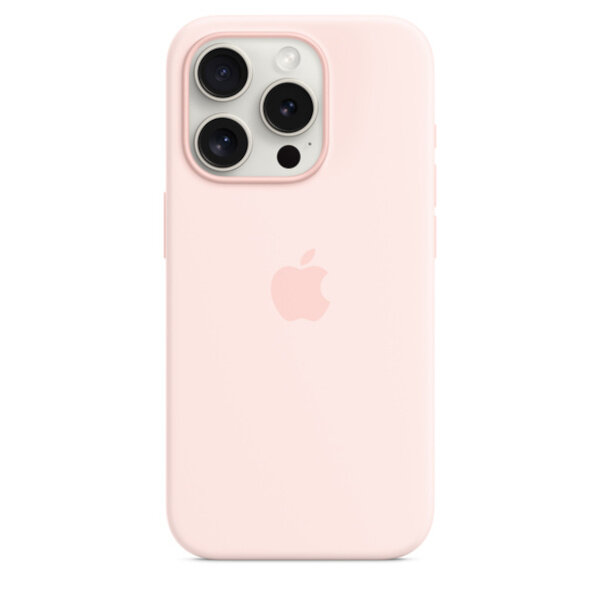 Etui Apple Silicone Case na iPhone 15 Pro MagSafe jasnoróżowe frontem na białym telefonie