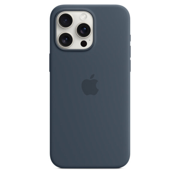 Etui Apple Silicone Case na iPhone 15 Pro Max MagSafe sztormowy błękit frontem na telefonie