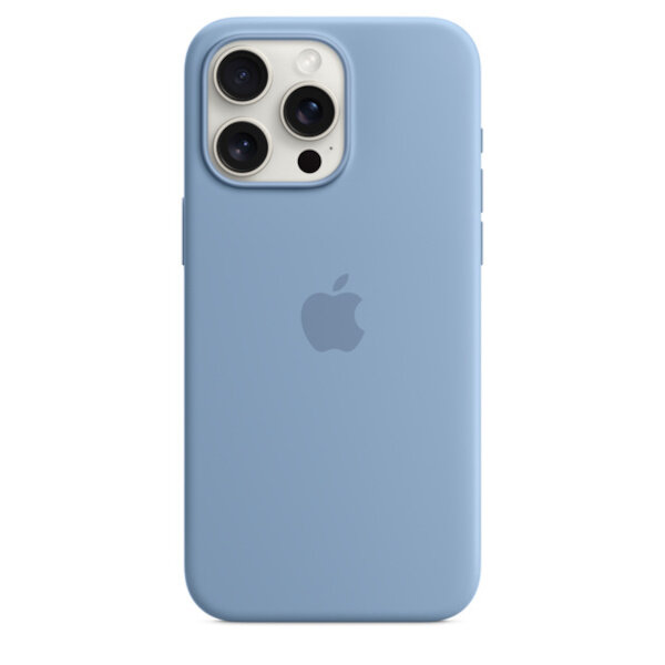 Etui Apple Silicone Case na iPhone 15 Pro Max MagSafe zimowy błękit frontem na telefonie