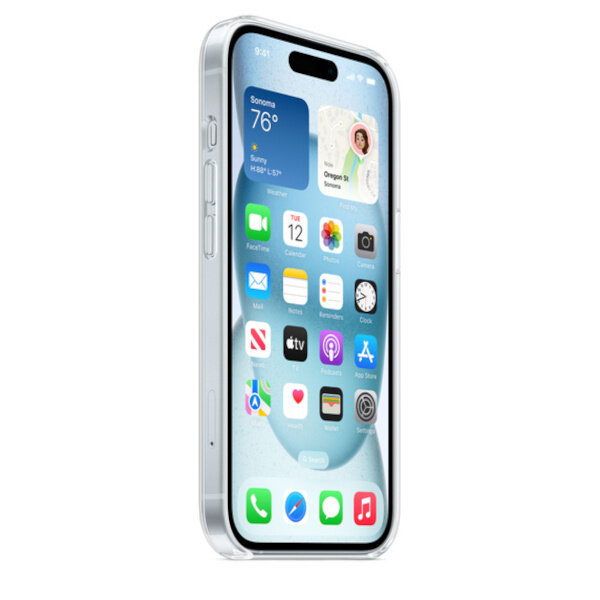 Etui Apple Clear Case na iPhone 15 MagSafe przezroczyste widoczne etui na telefonie ukosem