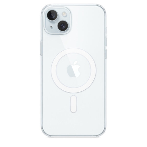 Etui Apple Clear Case na iPhone 15 Plus MagSafe przezroczyste frontem na białym telefonie