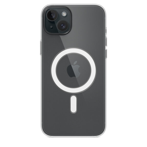Etui Apple Clear Case na iPhone 15 Plus MagSafe przezroczyste frontem na czarnym telefonie
