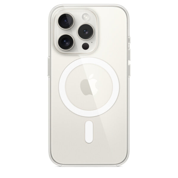 Etui Apple Clear Case na iPhone 15 Pro MagSafe przezroczyste frontem na białym telefonie