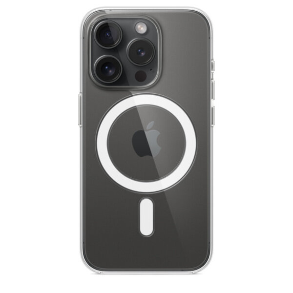 Etui Apple Clear Case na iPhone 15 Pro MagSafe przezroczyste frontem na czarnym telefonie