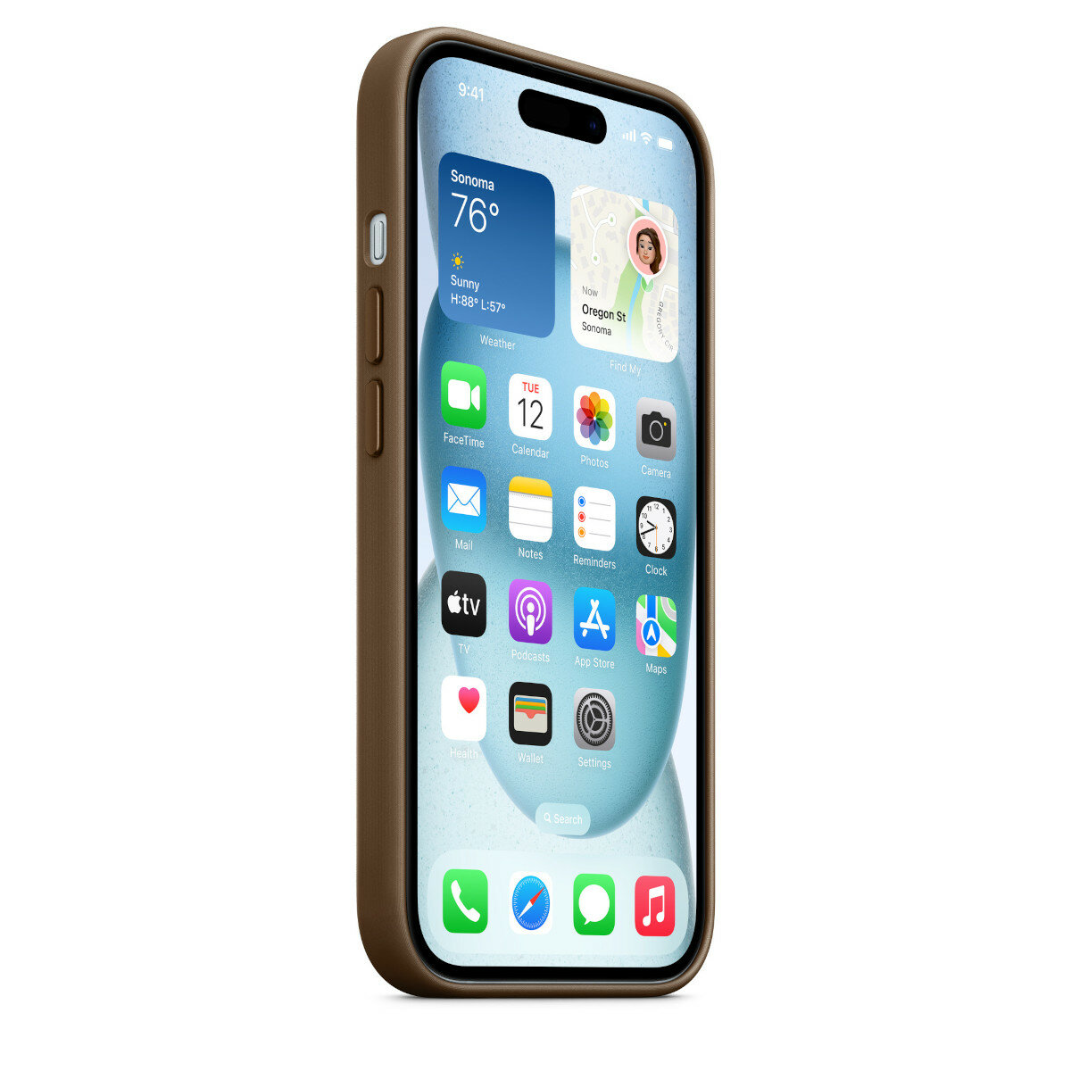 Etui Apple FineWoven z MagSafe do iPhone’a 15 jasnobeżowe widok na etui założone na smartfon od frontu pod skosem