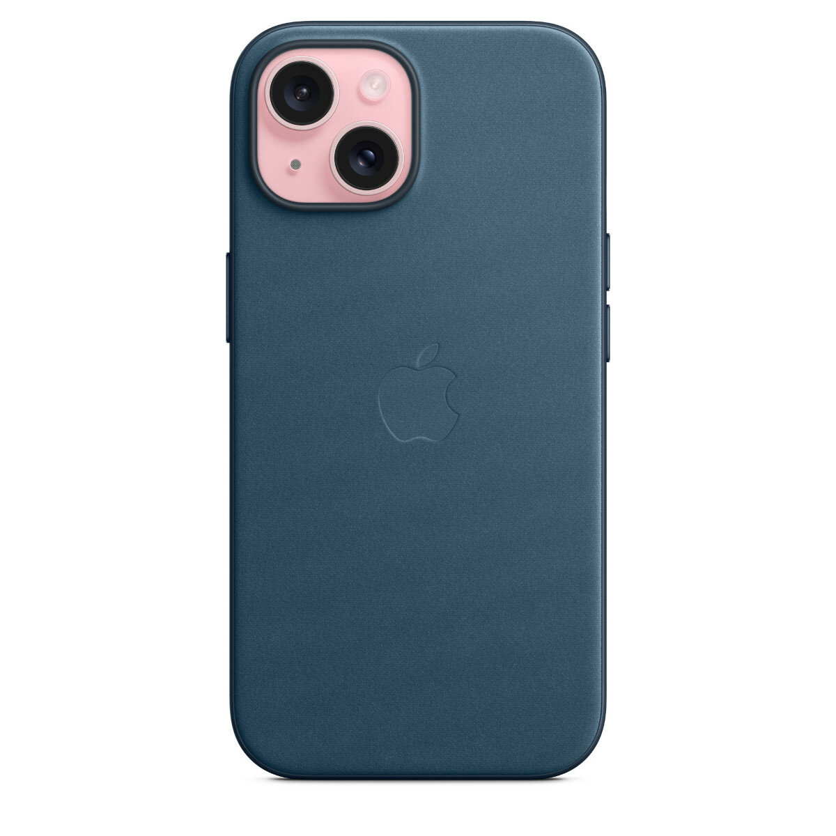 Etui Apple FineWoven z MagSafe do iPhone’a 15 głębia oceanu widok na etui założone na smartfon od tyłu