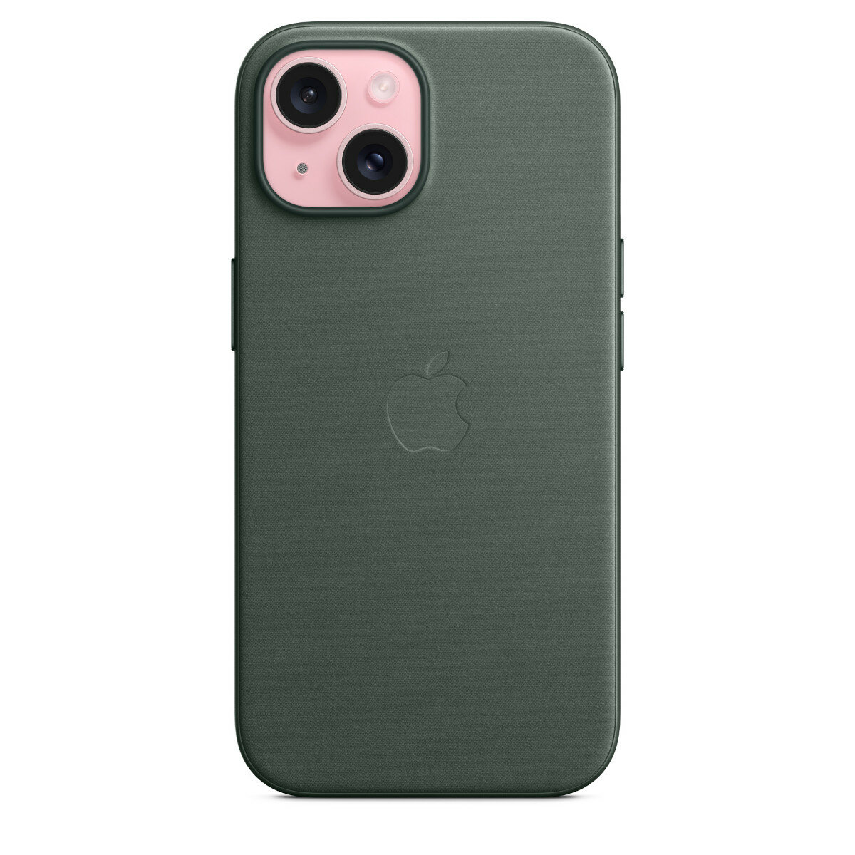 Etui Apple FineWoven z MagSafe do iPhone’a 15 wieczna zieleń widok na etui założone na smartfon od tyłu