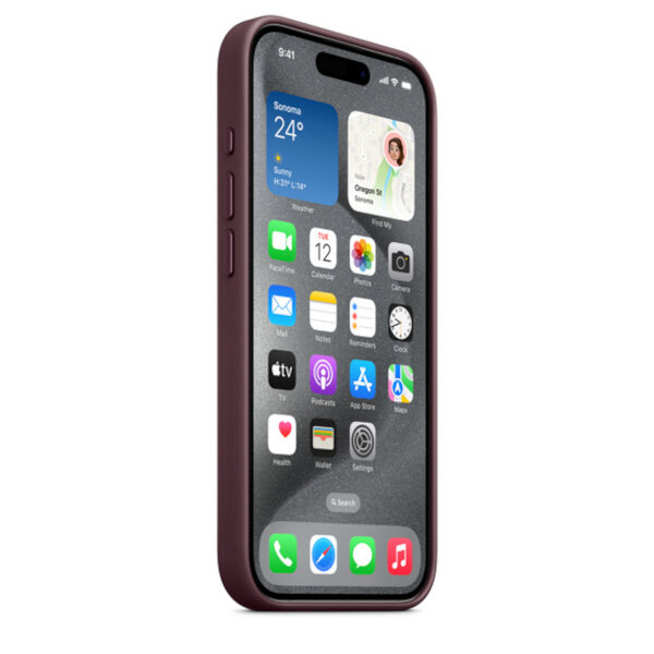 Etui Apple FineWoven na iPhone 15 Pro MagSafe rubinowa morwa pokazane na telefonie ukosem