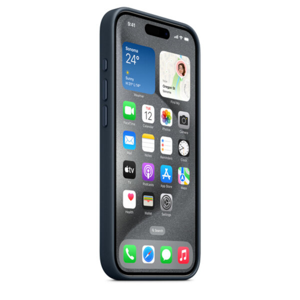 Etui Apple FineWoven na iPhone 15 Pro MagSafe głębia oceanu pokazane na telefonie ukosem