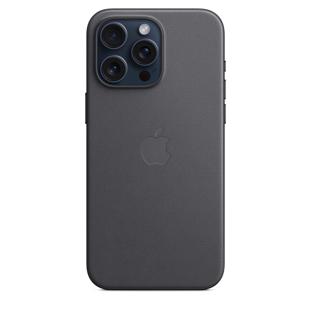 Etui Apple FineWoven na iPhone 15 Pro Max MagSafe czarne pokazane na granatowym telefonie