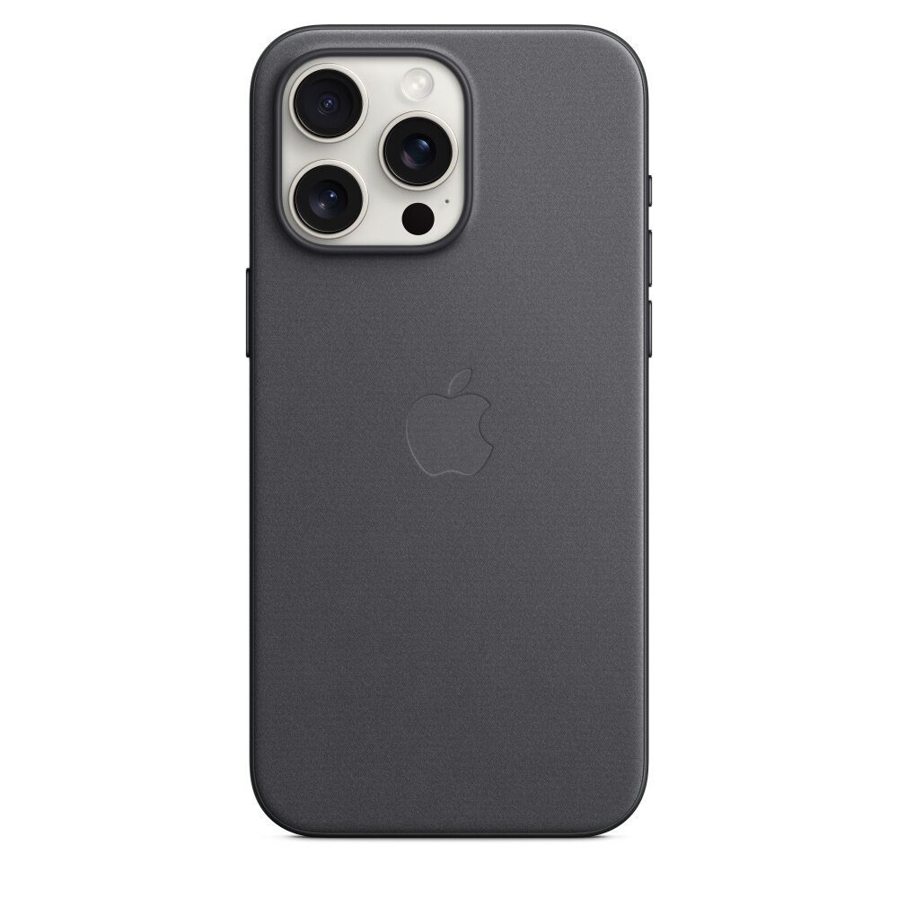 Etui Apple FineWoven na iPhone 15 Pro Max MagSafe czarne pokazane na białym telefonie