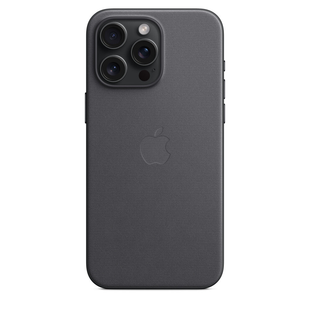 Etui Apple FineWoven na iPhone 15 Pro Max MagSafe czarne pokazane na czarnym telefonie