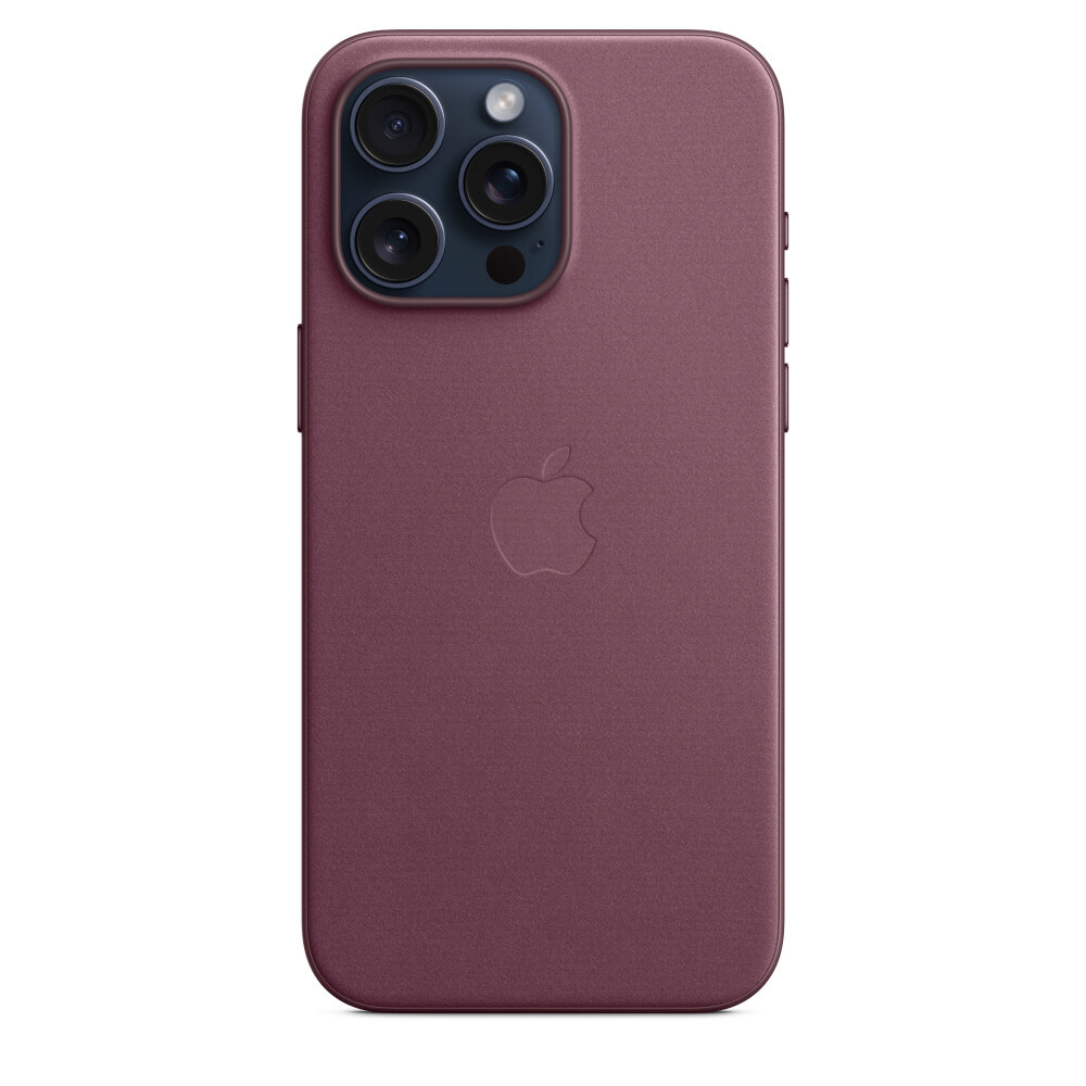 Etui Apple FineWoven na iPhone 15 Pro Max MagSafe rubinowa morwa pokazane na granatowym telefonie