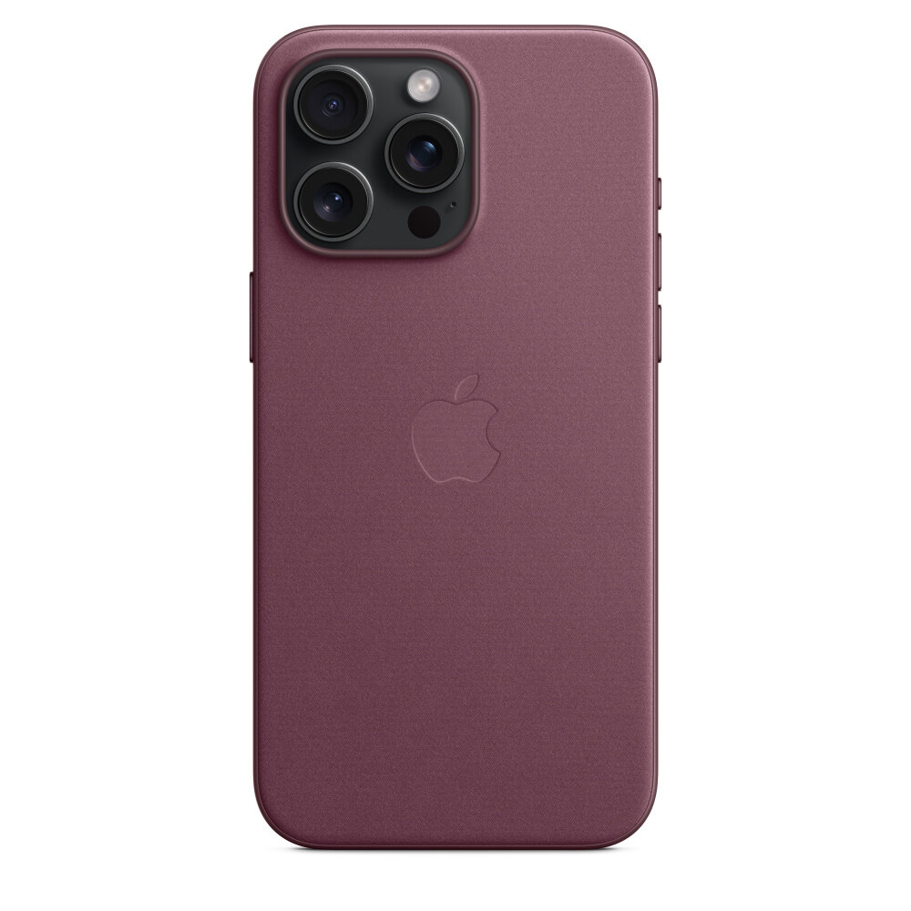 Etui Apple FineWoven na iPhone 15 Pro Max MagSafe rubinowa morwa pokazane na czarnym telefonie