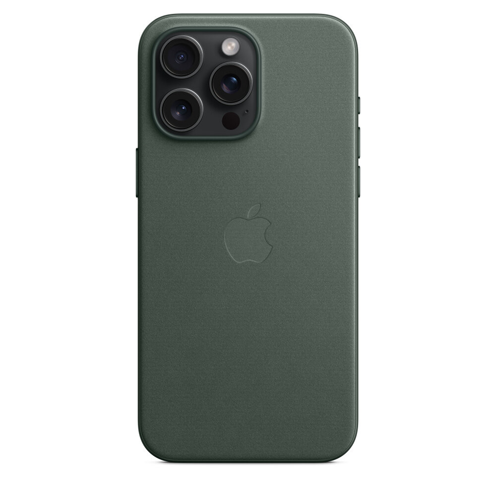 Etui Apple FineWoven na iPhone 15 Pro Max MagSafe wieczna zieleń pokazane na czarnym telefonie