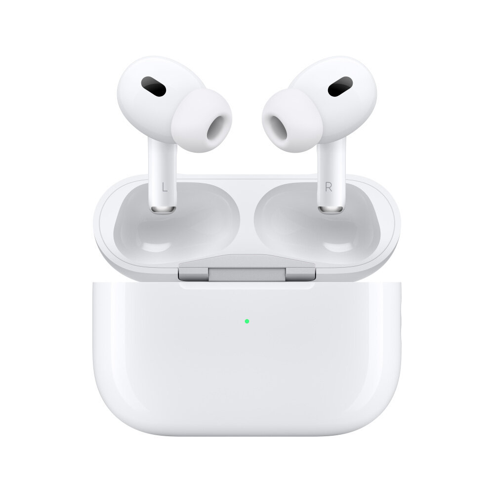 Słuchawki Apple AirPods Pro (2 generacji) z etui MagSafe (USB‑C) widok na słuchawki wystające z etui