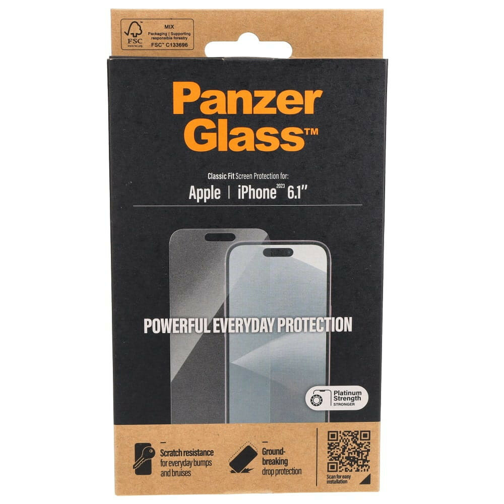 Szkło hartowane PanzerGlass Classic Fit iPhone 15 antybakteryjne opakowanie od frontu