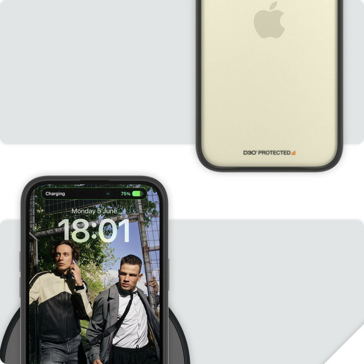 Etui PanzerGlass ClearCase iPhone 15 Plus antybakteryjne grafika przedstawiająca smartfon w etui w pionie od przodu i od tyłu