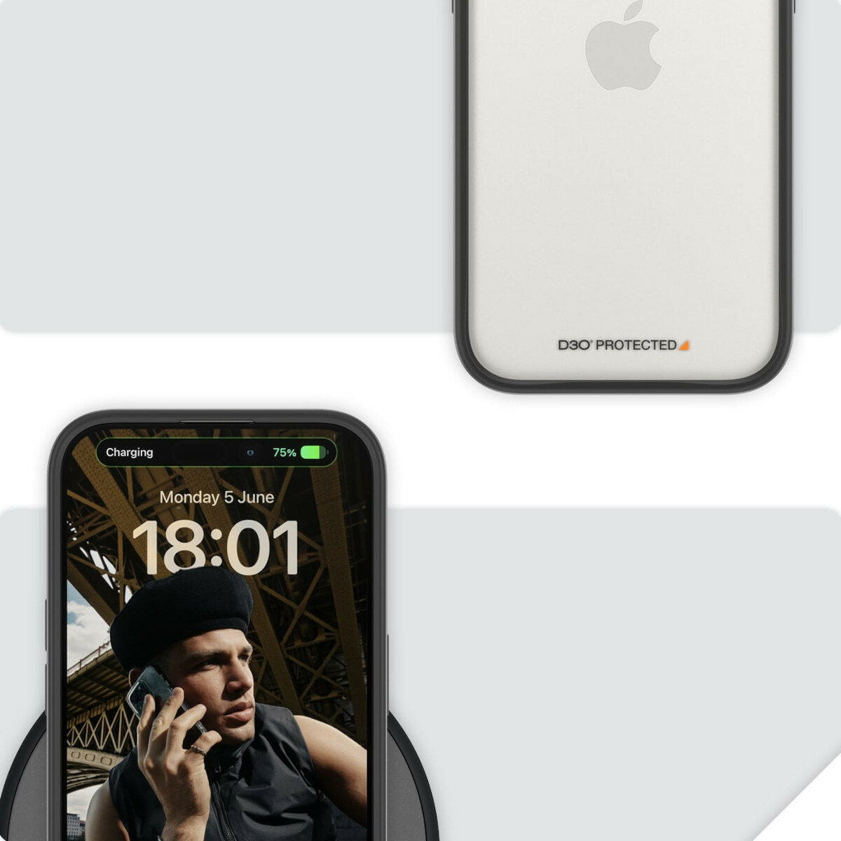 Etui PanzerGlass ClearCase iPhone 15 Pro antybakteryjne grafika przedstawiająca smartfon w etui w pionie od przodu i od tyłu