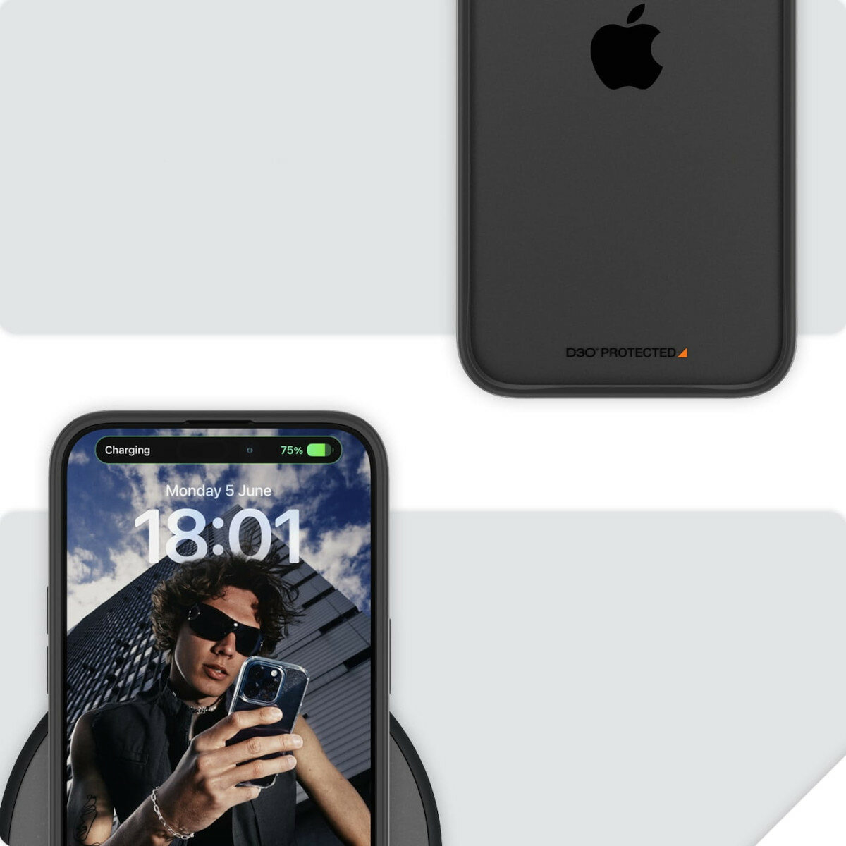Etui PanzerGlass ClearCase iPhone 15 Pro Max antybakteryjne grafika przedstawiająca etui założone na smartfon od góry i od dołu