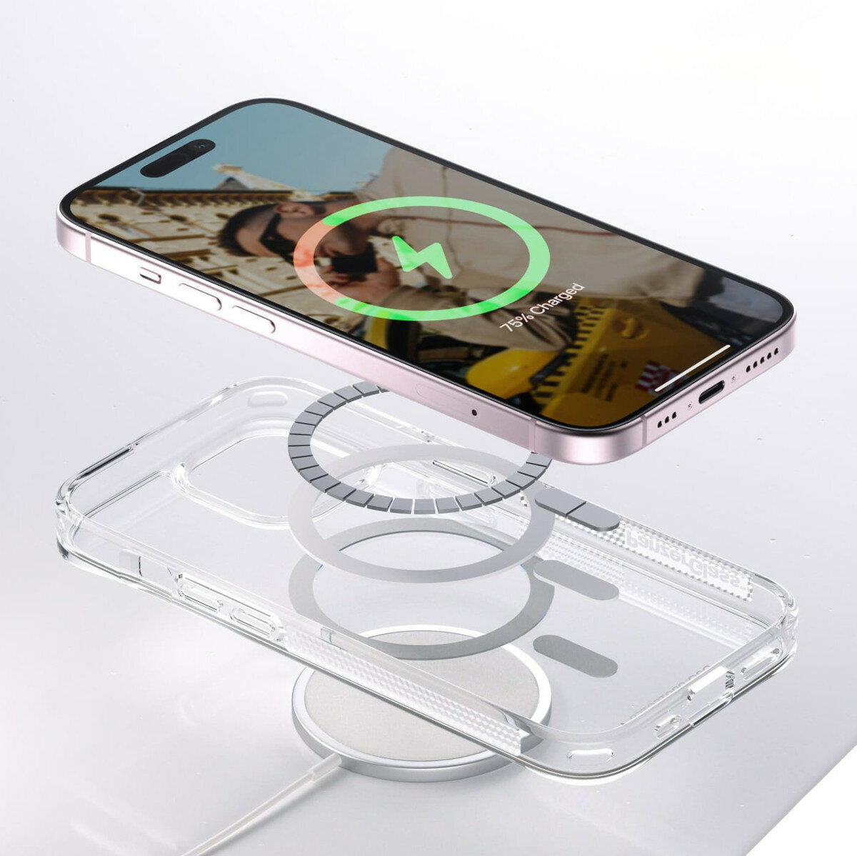 Etui PanzerGlass HardCase MagSafe iPhone 15 antybakteryjne grafika przedstawiająca połączenie MagSafe pomiędzy smartfonem w etui i ładowarką