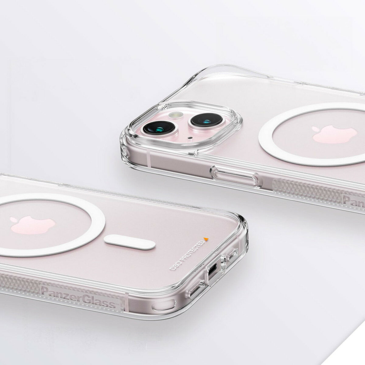 Etui PanzerGlass HardCase MagSafe iPhone 15 antybakteryjne grafika przedstawiająca etui założone na smartfon po skosie