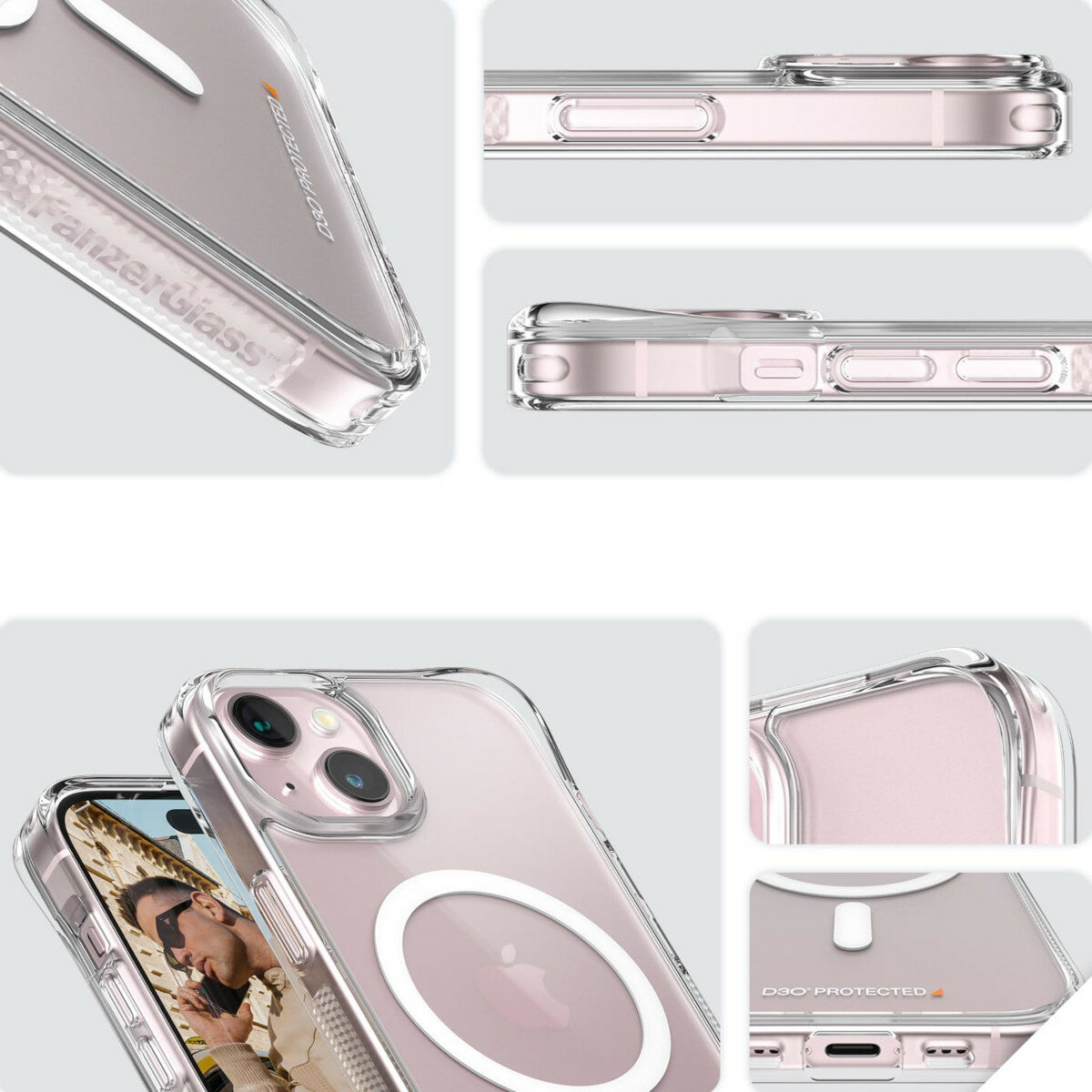 Etui PanzerGlass HardCase MagSafe iPhone 15 antybakteryjne grafika przedstawiająca detale etui