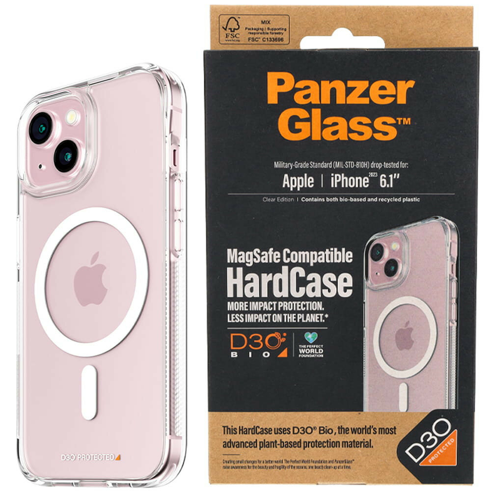 Etui PanzerGlass HardCase MagSafe iPhone 15 antybakteryjne widok smartfon w etui po skosie oraz opakowanie od frontu
