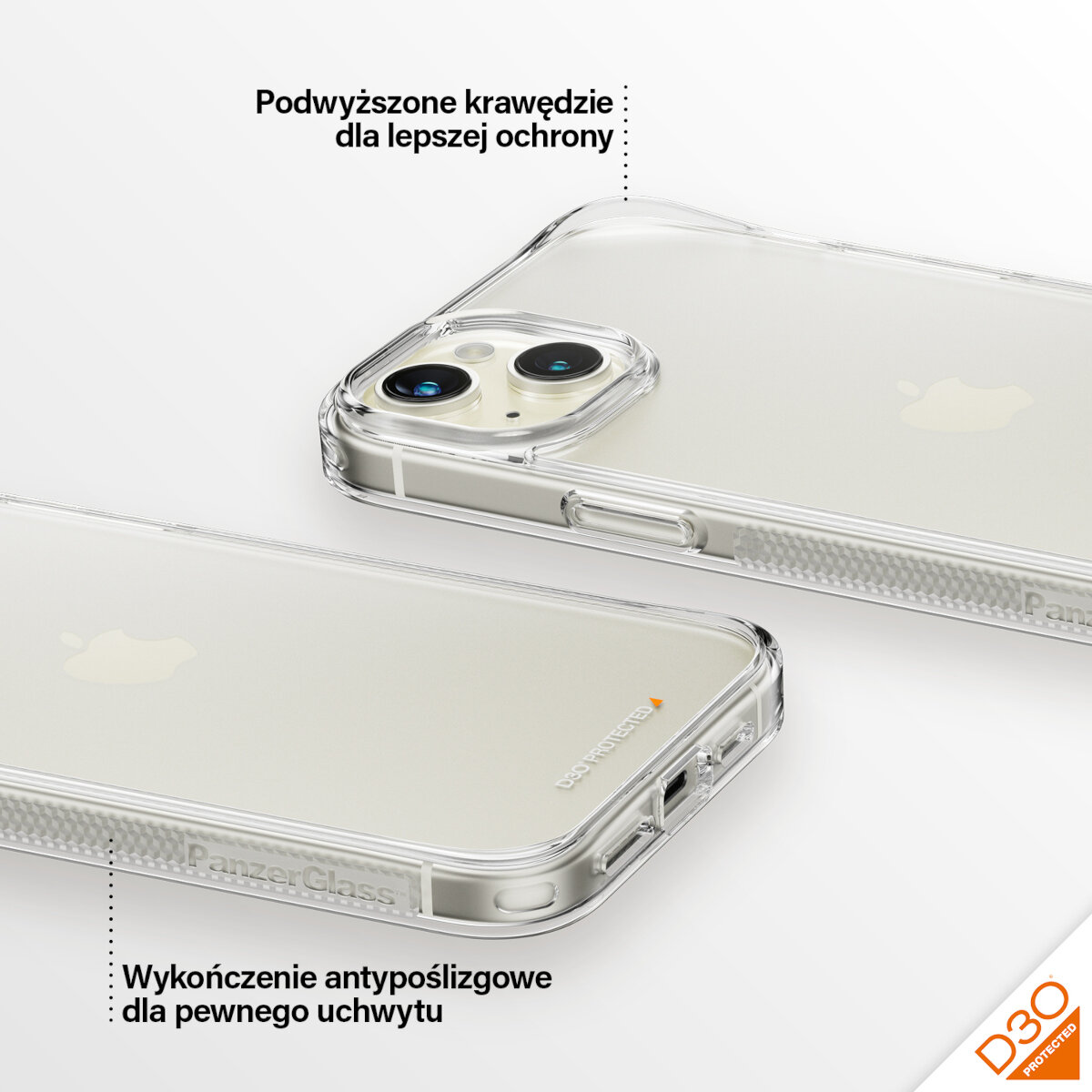 Etui PanzerGlass HardCase iPhone15 Plus przezroczyste pokazane dwa telefonu z etui położonych ekranem w dół