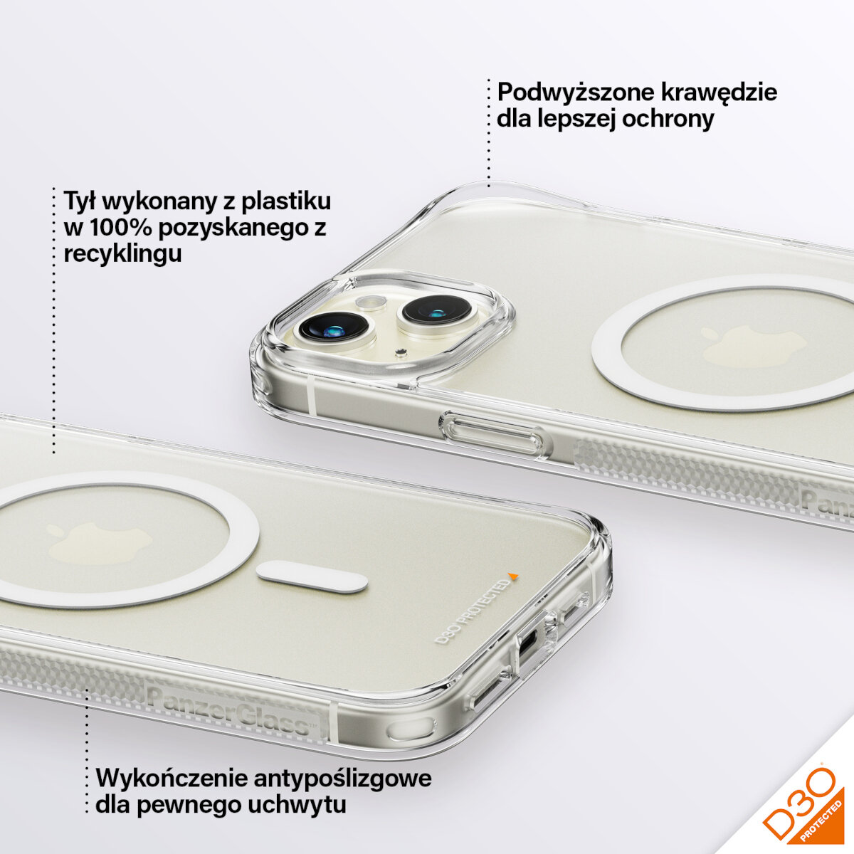 Etui PanzerGlass HardCase MagSafe iPhone 15 Plus przezroczyste pokazane dwa telefonu z etui położonych ekranem w dół