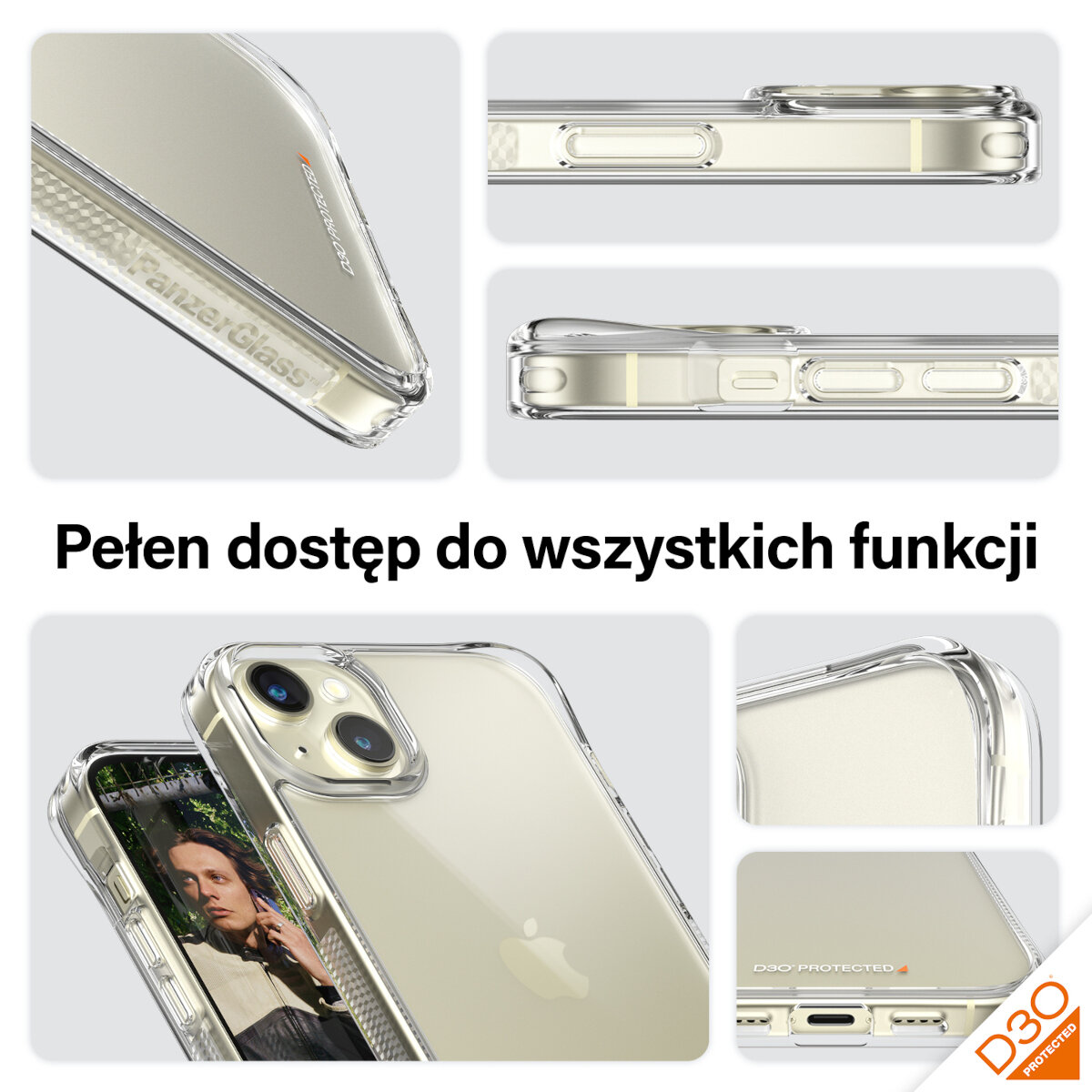 Etui PanzerGlass HardCase MagSafe iPhone 15 Plus przezroczyste widoczne etui na telefonie z różnych perspektyw