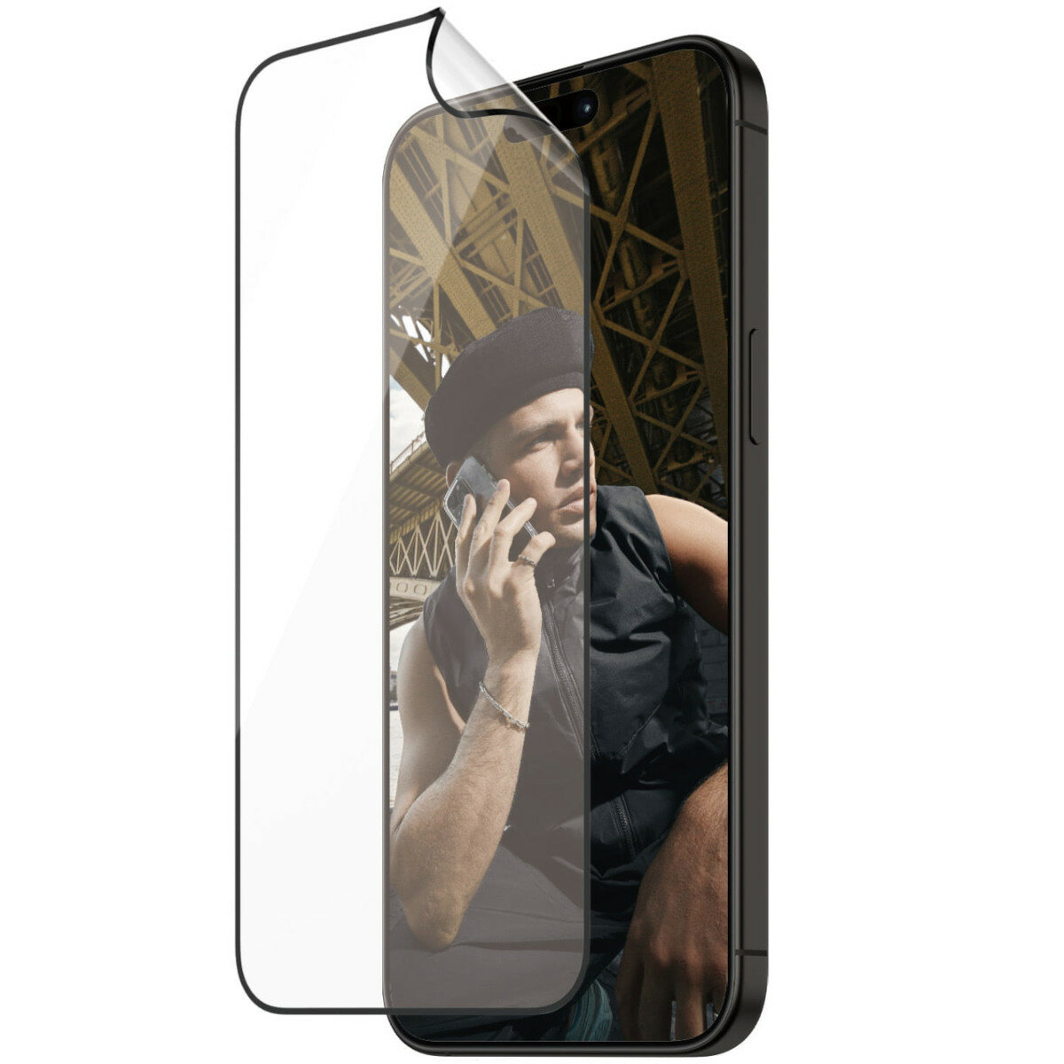 Szkło hybrydowe PanzerGlass Ultra-Wide Fit Matrix iPhone 15 Pro grafika przedstawiająca szkło nakładane na smartfon po skosie