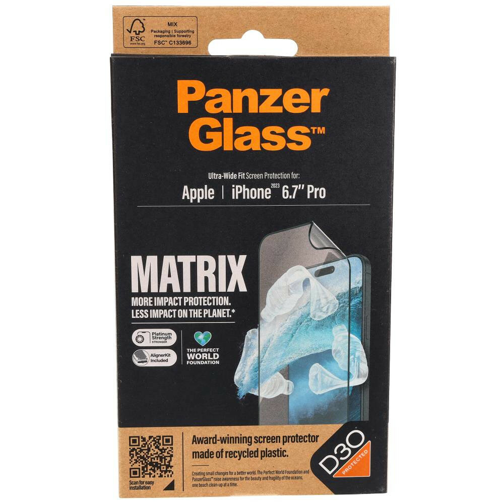 Szkło hybrydowe PanzerGlass Ultra-Wide Fit Matrix iPhone 15 Pro Max antybakteryjne opakowanie od frontu
