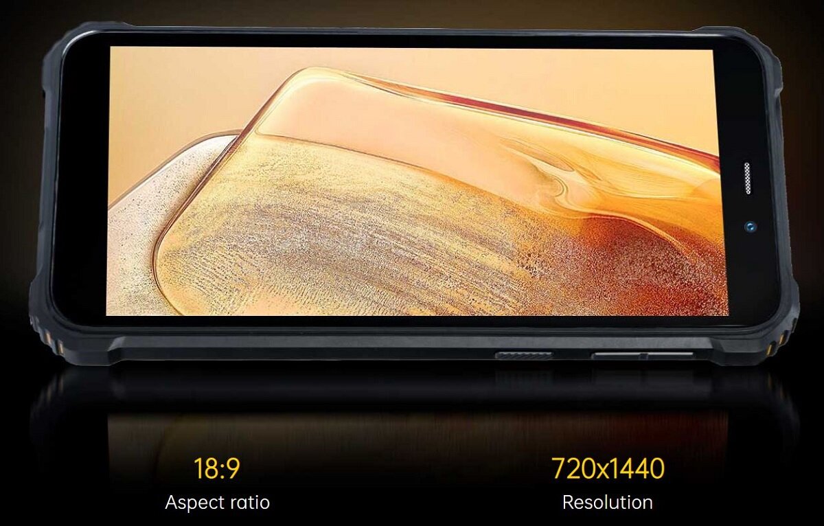 Smartfon Oukitel WP20 4/32 GB szary widok smartfonu od przodu w poziomie z informacji o proporcji obrazu 18:9 i rozdzielczości 720 x 1440 px