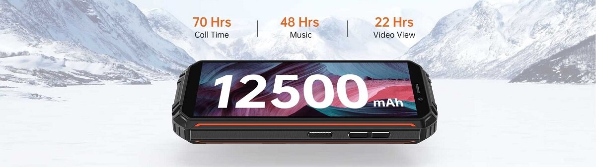 Smartfon Oukitel WP18 Pro 4/64 pomarańczowy  widok smartfonu w pozimie z informacją o pojemności baterii 12 500 mAh