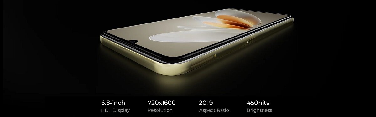 Smartfon Oukitel C33 8/256 GB pomarańczowy   widok smartfonu i informacje o wyświetlaczu: 6.8 cala, 720x1600 rozdzielczość, 20:9 proporcje, 450 jasność