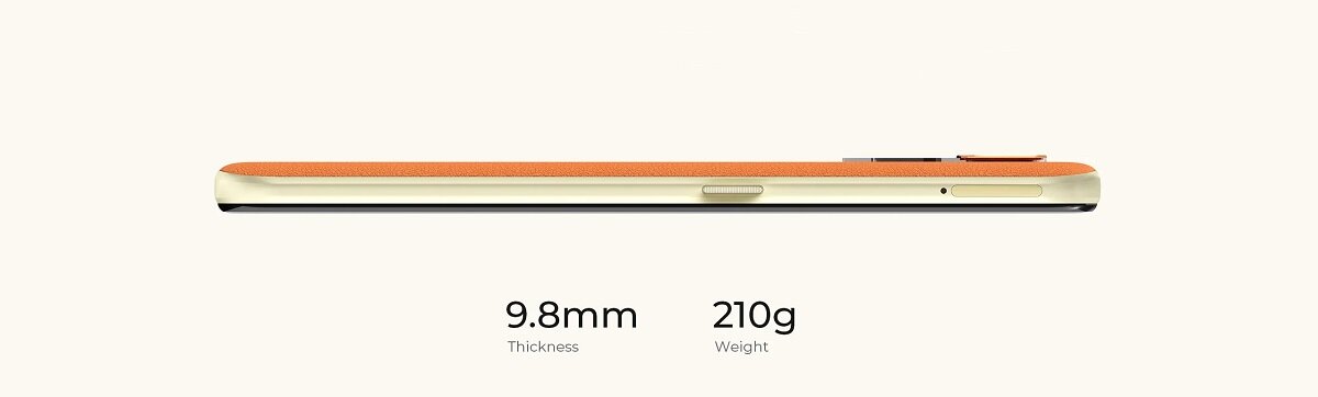 Smartfon Oukitel C33 8/256 GB pomarańczowy    widok telefonu z boku w poziomie, z podanymi wymiarem  grubości (9.8 mm) i wagi (210 g)