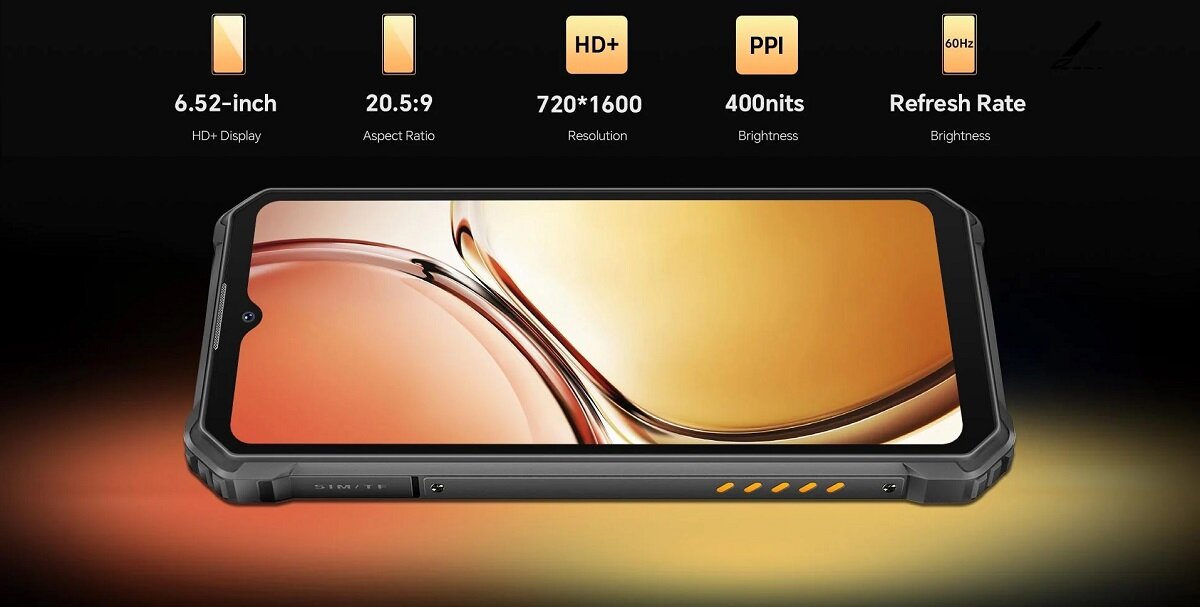 Smartfon Oukitel WP23 4/64 GB czarny widok wyświetlacza w poziomie z podanymi jego parametrami: 6,52 cala, ratio 20.5:9, 720x1600 rozdzielczość, 400 nitów jasność, odświeżanie 60 Hz