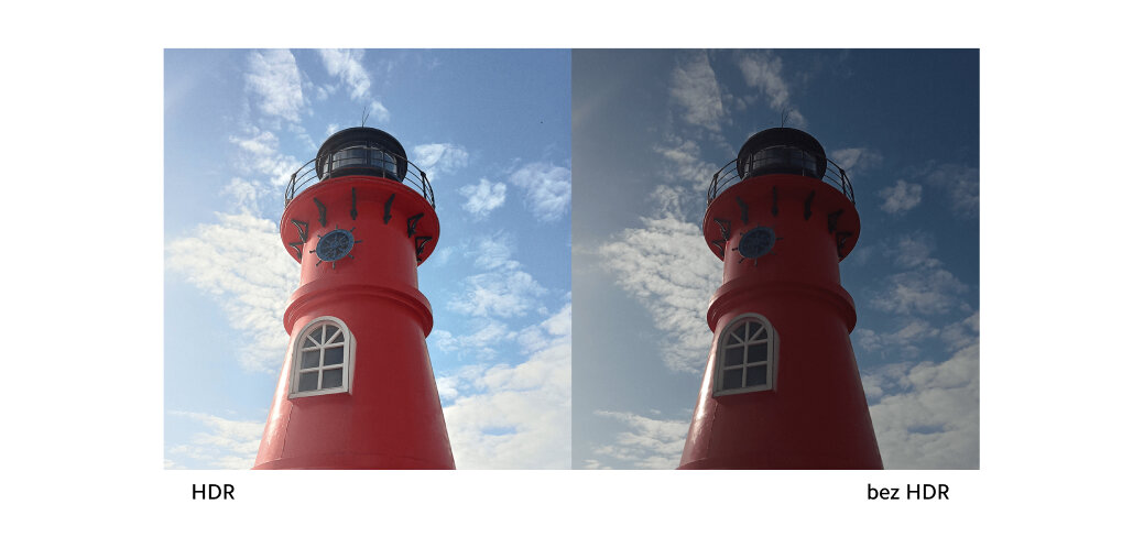 Smartfon Xiaomi Redmi A2 3/64GB niebieski grafika przedstawiająca dwa zdjęcia latarni morskiej w różnym kontraście na tle nieba