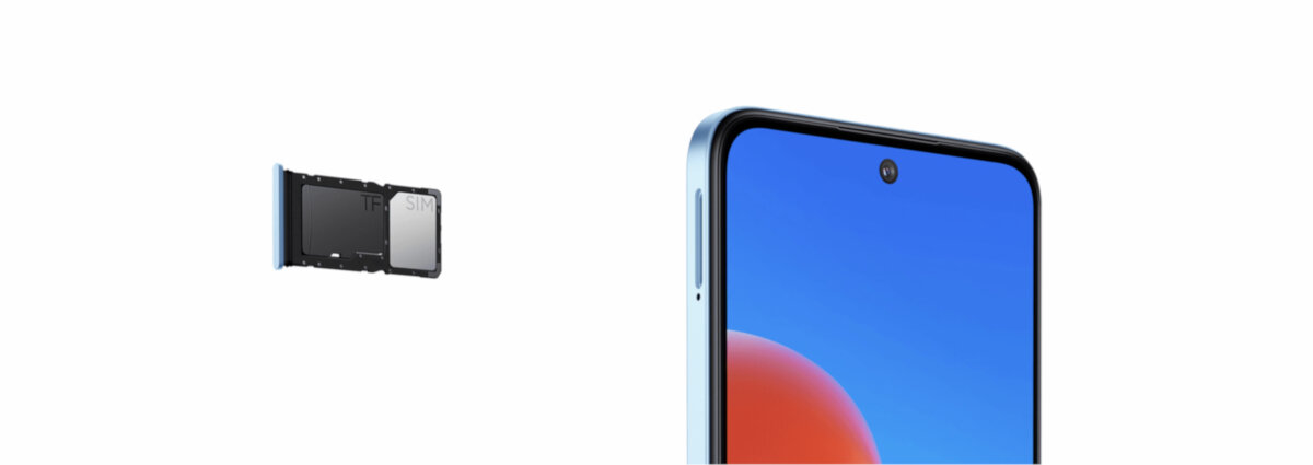 Smartfon Xiaomi Redmi 12 4/128GB niebieski od frontu po skosie w prawo, po lewo wejście na karte sim i na karte pamięci