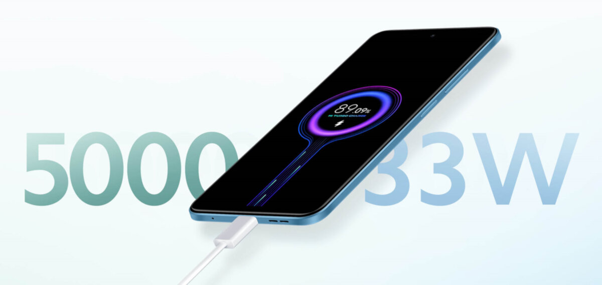 Smartfon Xiaomi Redmi Note 12 8/256GB niebieski od frontu grafika przedstawiająca smartfon podłączony kablem na tle napisu