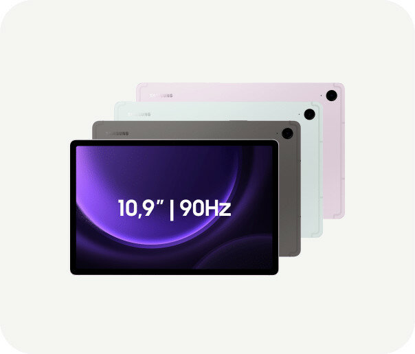Tablet Samsung Galaxy Tab S9 FE grafika przedstawiająca różne wersje kolorystyczne wraz z wymiarem tabletu